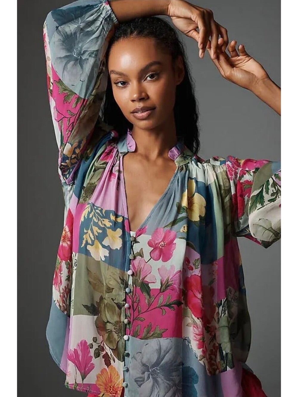 Anthropologie Estela Sheer Printed Floral Patchwork Blouse.  Size LP. Ret. $138